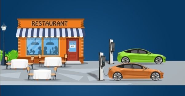 Restaurant med udendørs borde og to elbiler ved ladestandere